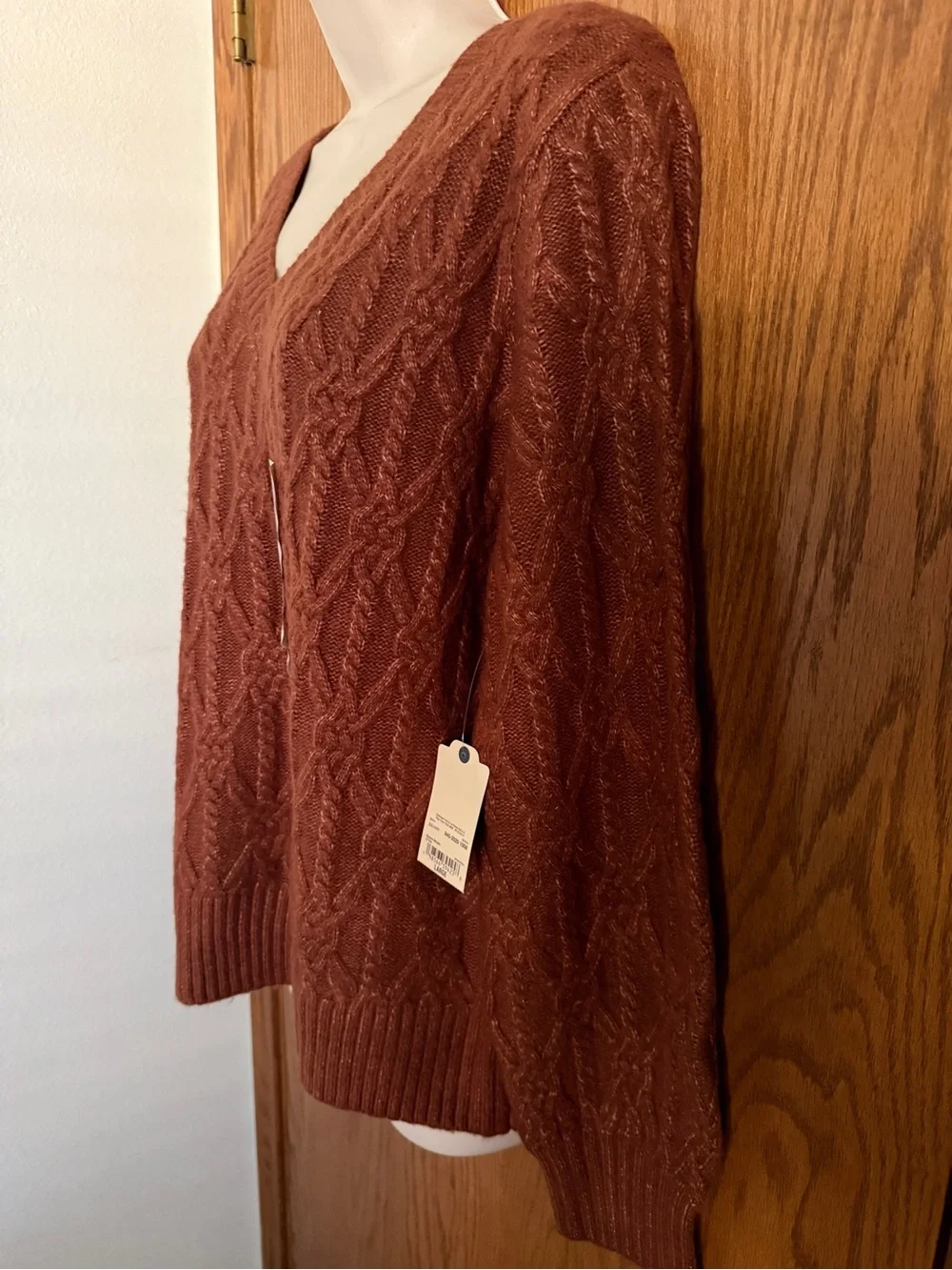 St. John's Bay Brown Cable Knit Sweater Pullover V-Neck Long Sleeve Women's Sz L